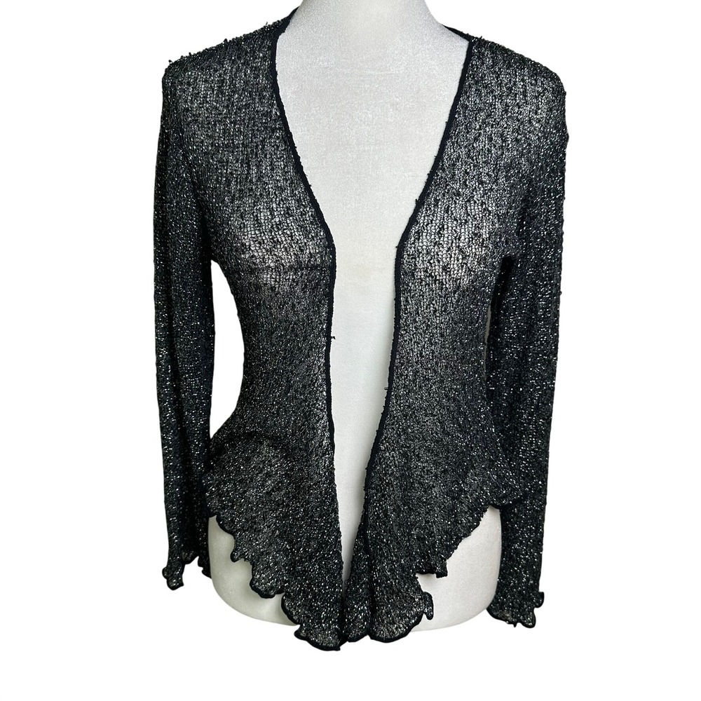 Van Klee Black Metallic Silver Tissue Knit Cardigan Shrug Sweater Prom Formal